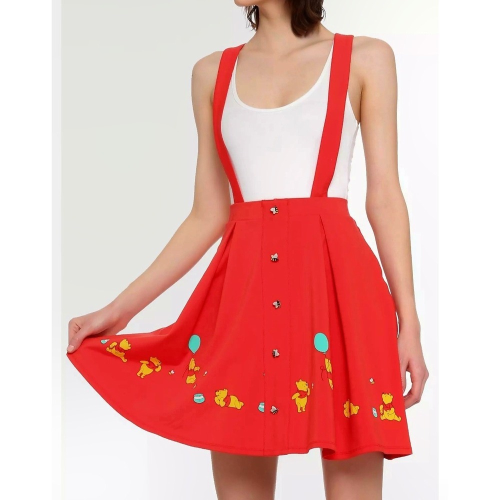 Disney Winnie The Pooh Balloon Ride Suspender Skirt Size M Red Pinafore Skater - Picture 3 of 14